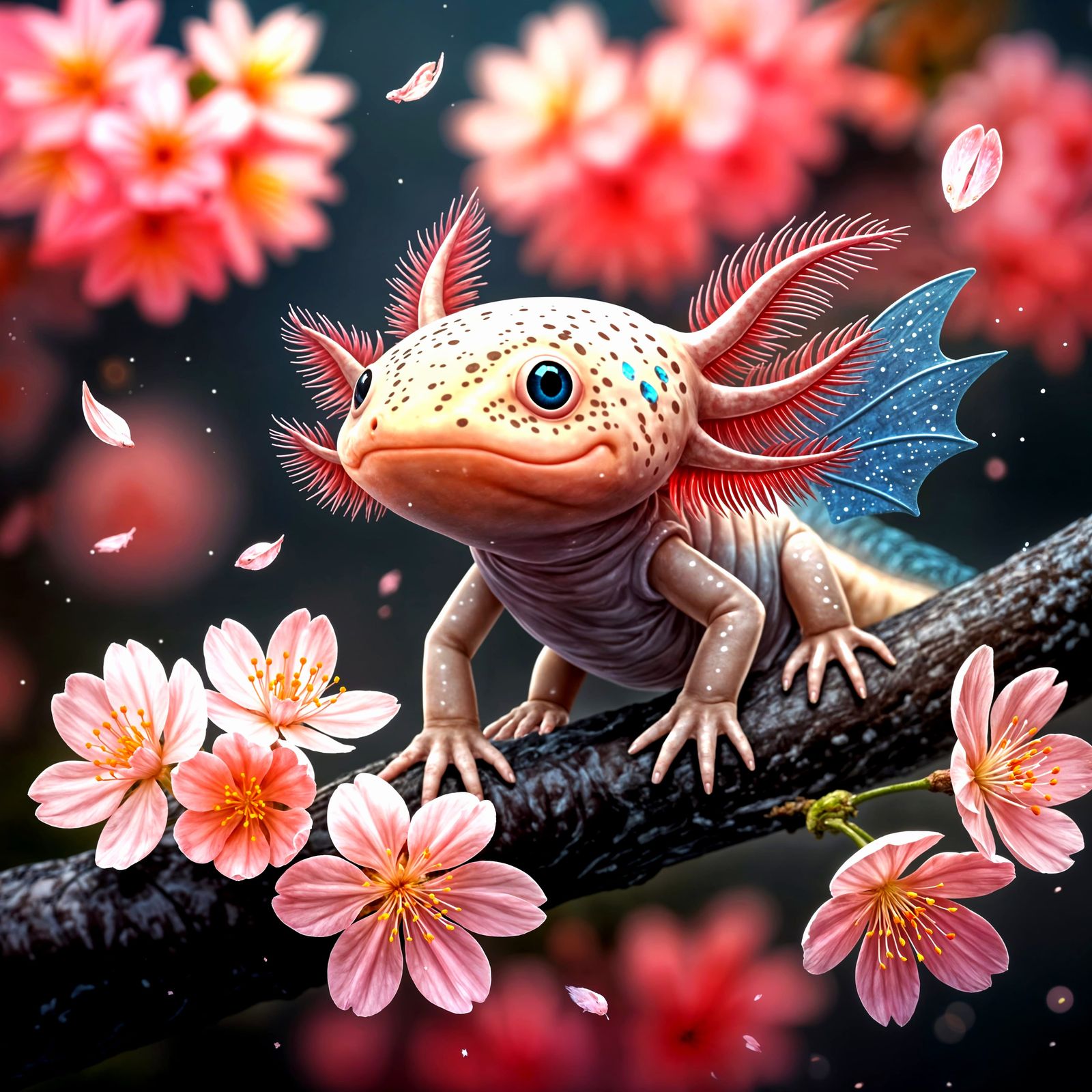 A cherry blossom axolotl