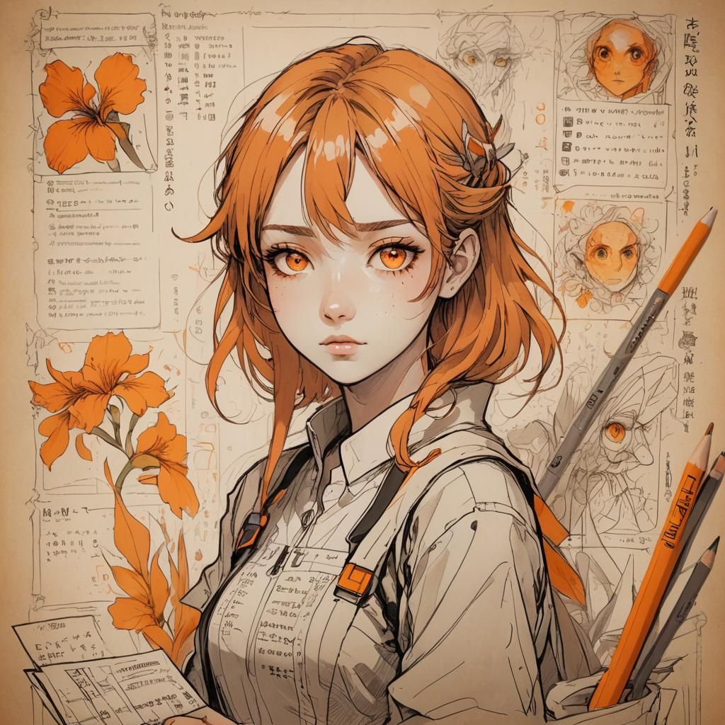 Orange-Eyed Girl in Manga Style with Character Sheet