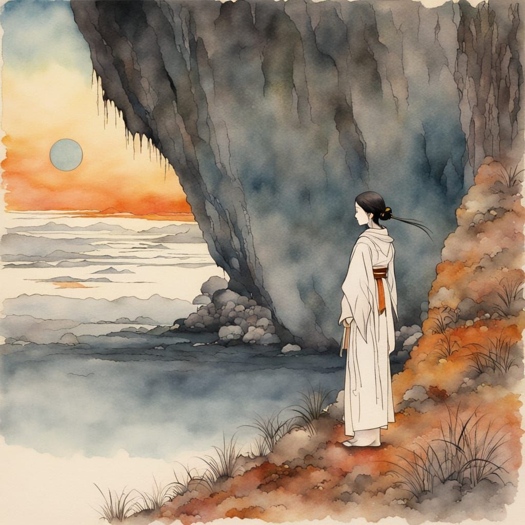 Serenity at Dawn: Japanese Lady Contemplates Savannah Landsc...