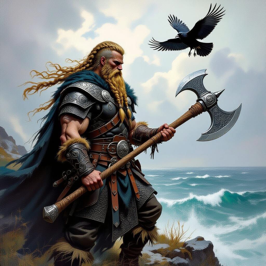 Viking Warrior on Windswept Cliff in Painterly Style