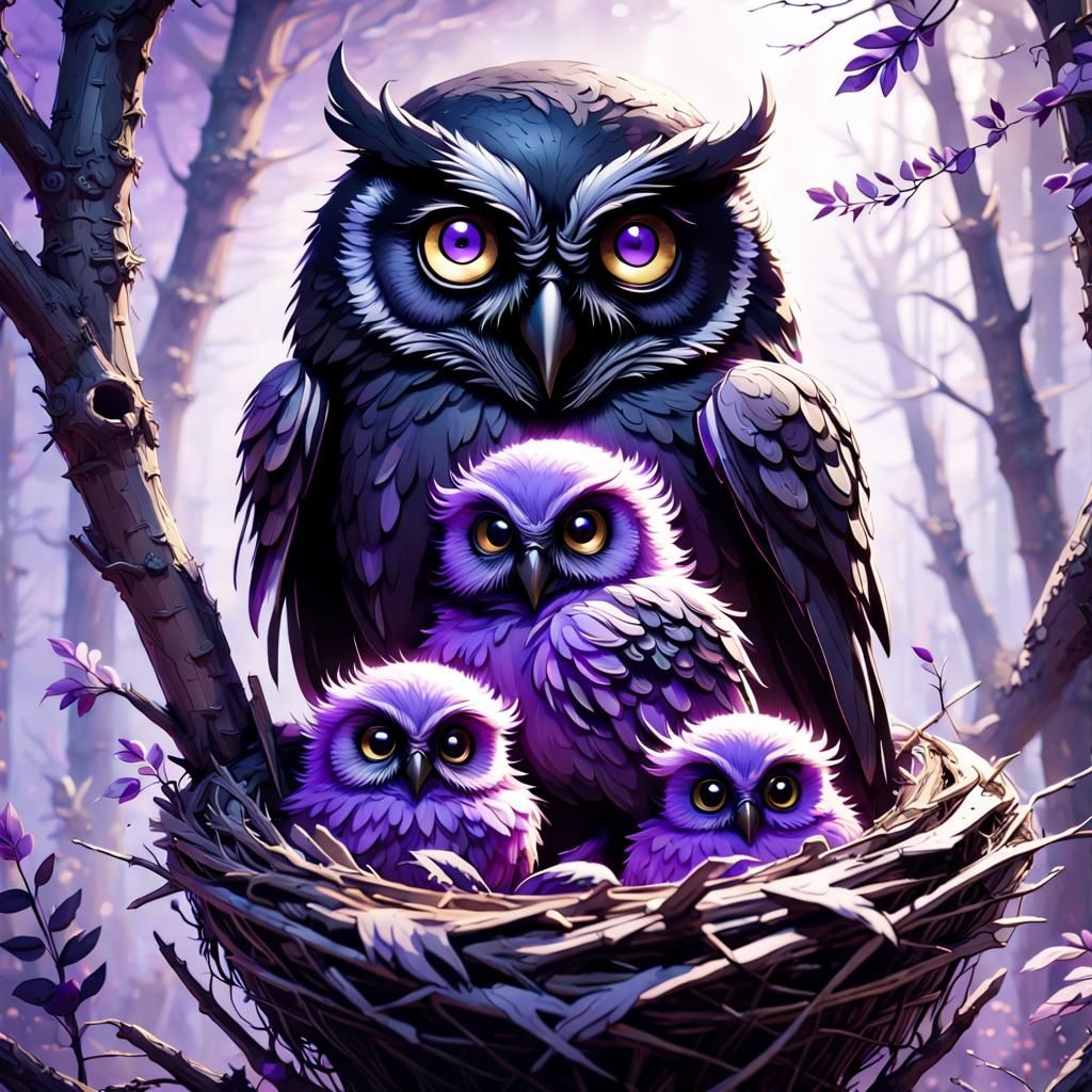 Black Owl with Owlets: Detailed Matte Painting