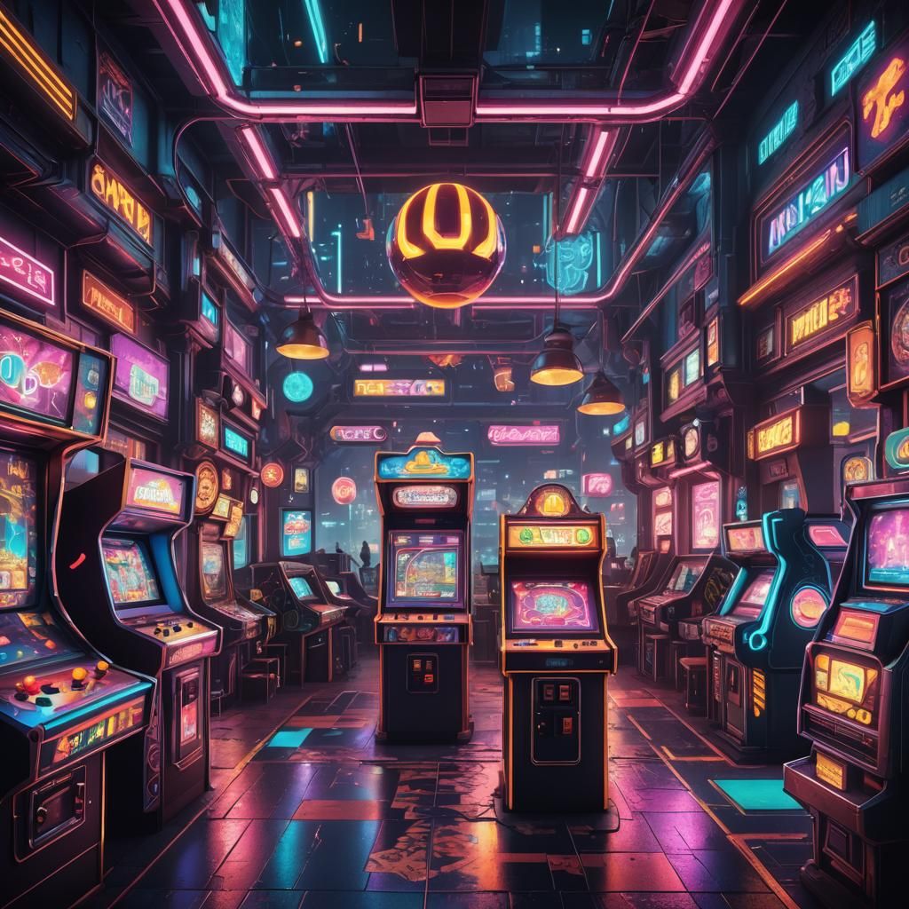Retro-Futuristic Arcade with Neon Lights and Holograms