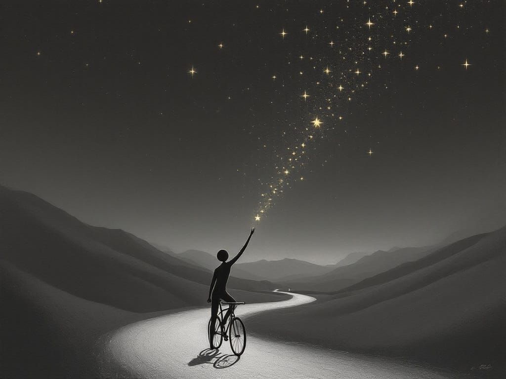 Simplistic Figure Reaches for the Stars in Minimalist Style