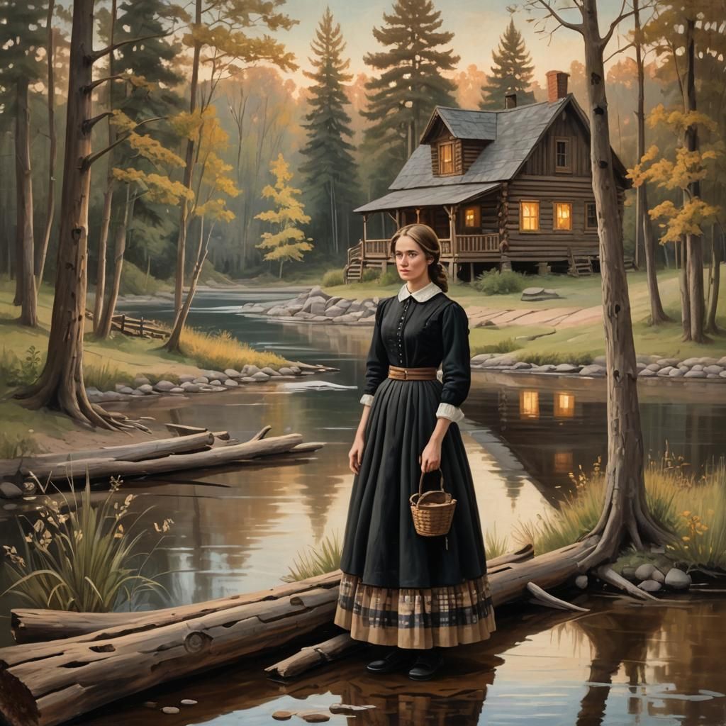 Pioneer Girl by Lakeside Cabin in Folk Art Style