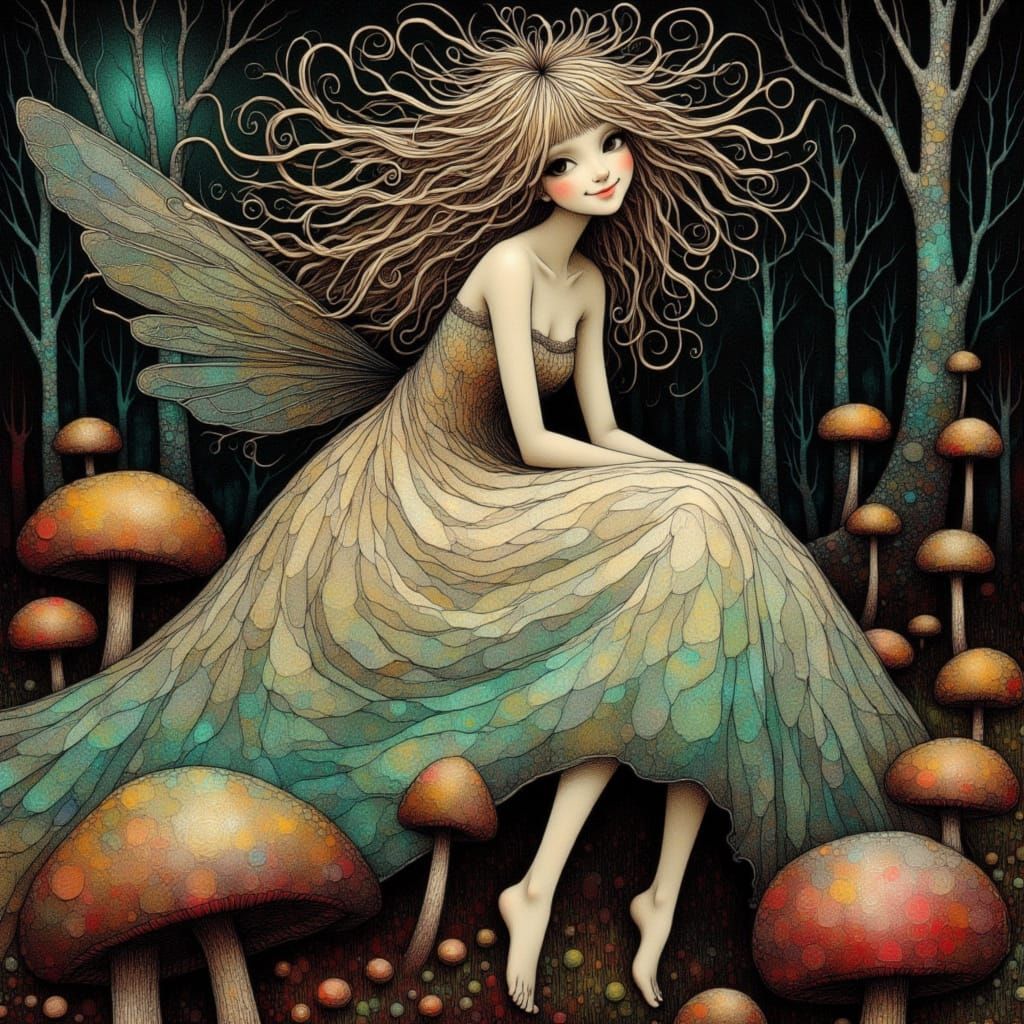 Fairy Queen on Mushroom Throne in Fantasy Style