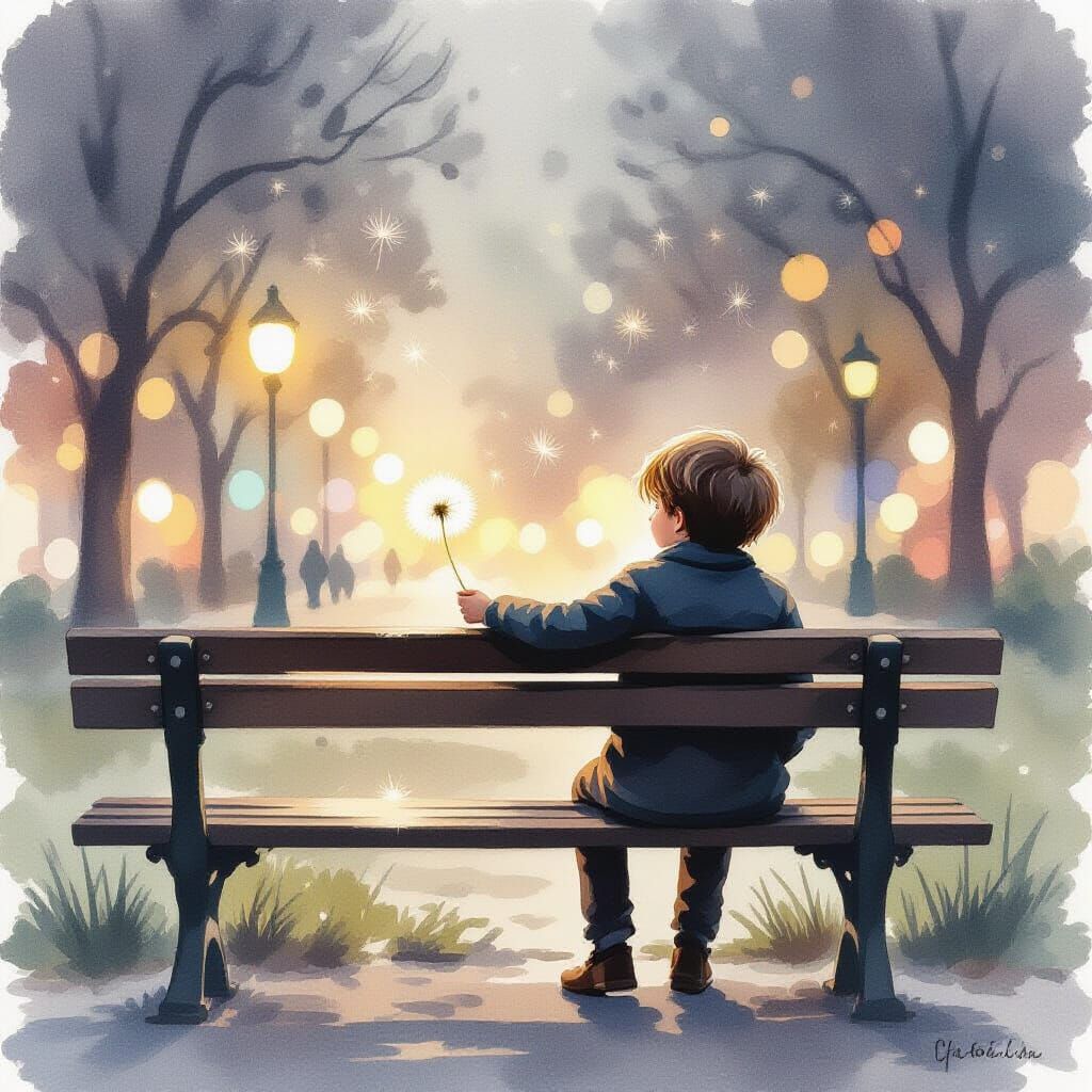 Boy Releases Dandelion Seed in City Dusk Watercolor
