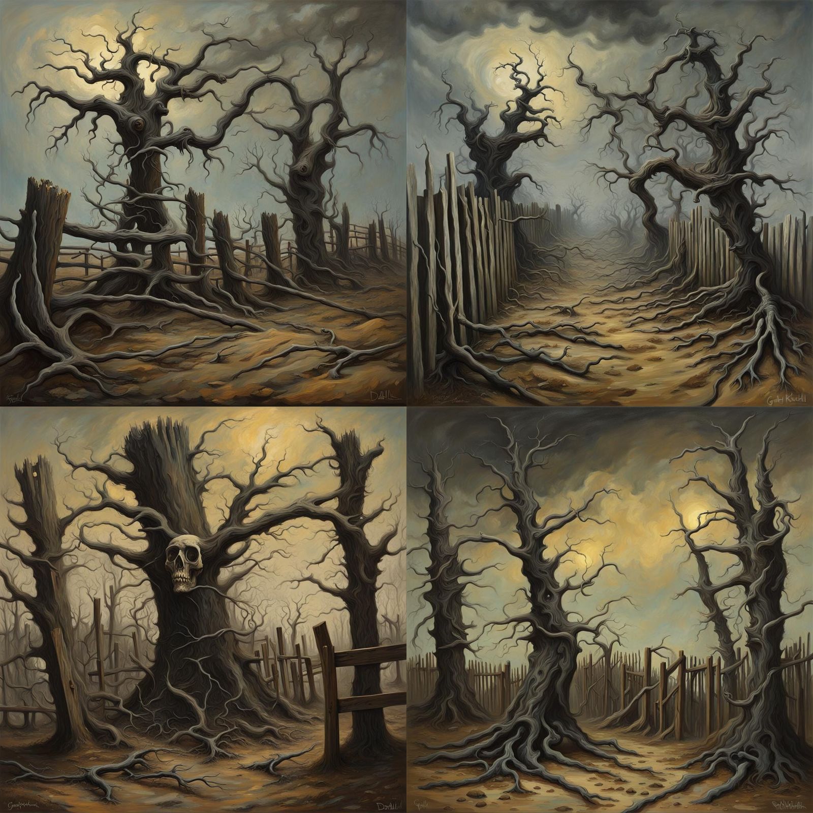 Surreal Landscape with Dead Trees in Oil on Canvas