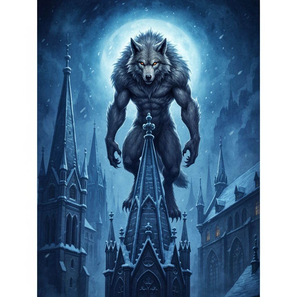 Werewolf on Gothic Cathedral in Moonlight Watercolor Style