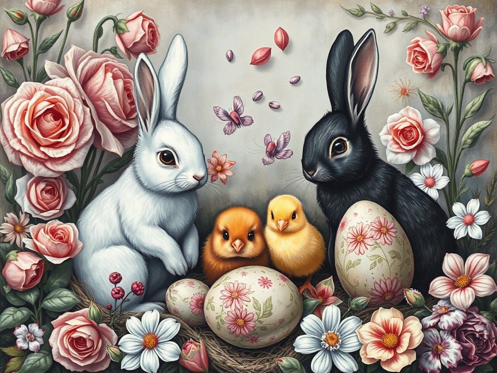 Renaissance Easter: Bunnies Painting Floral Eggs