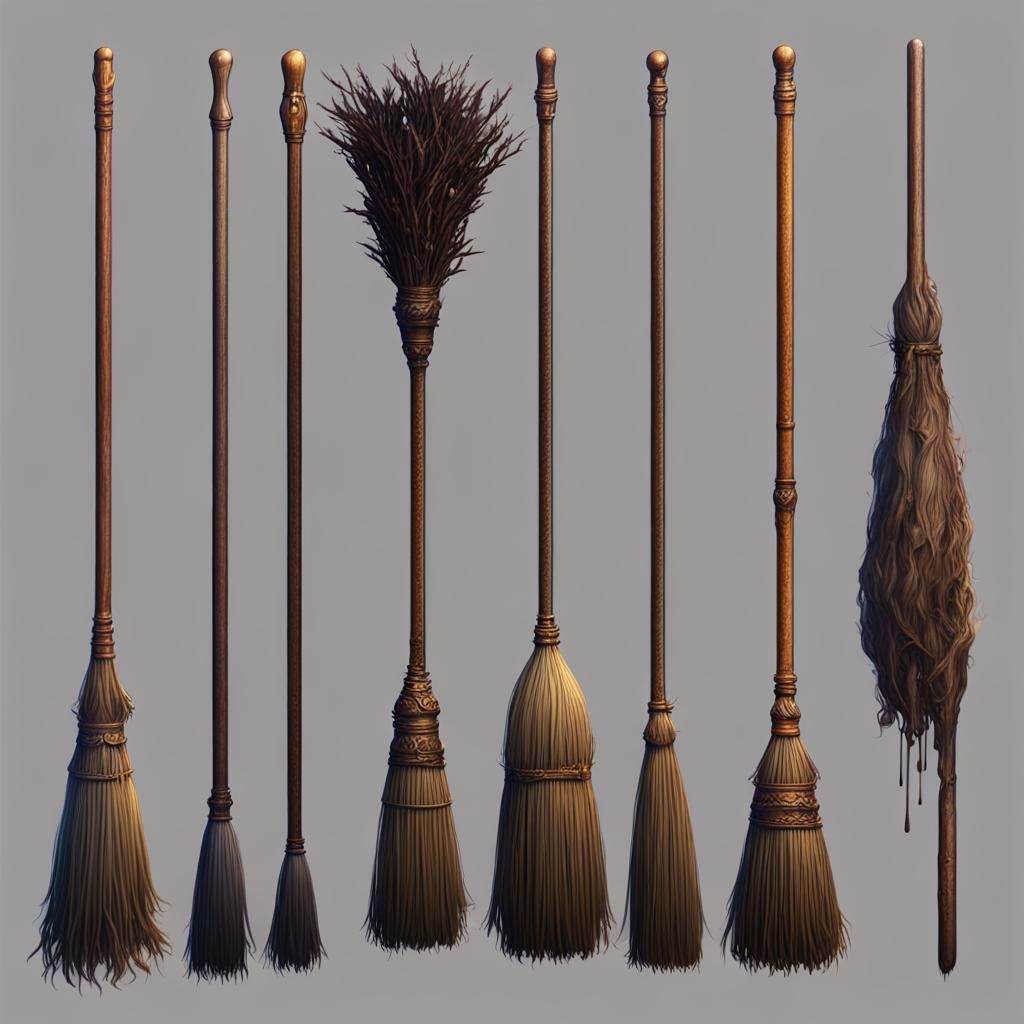 Detailed Witches' Brooms Concept Art in Fantasy Style