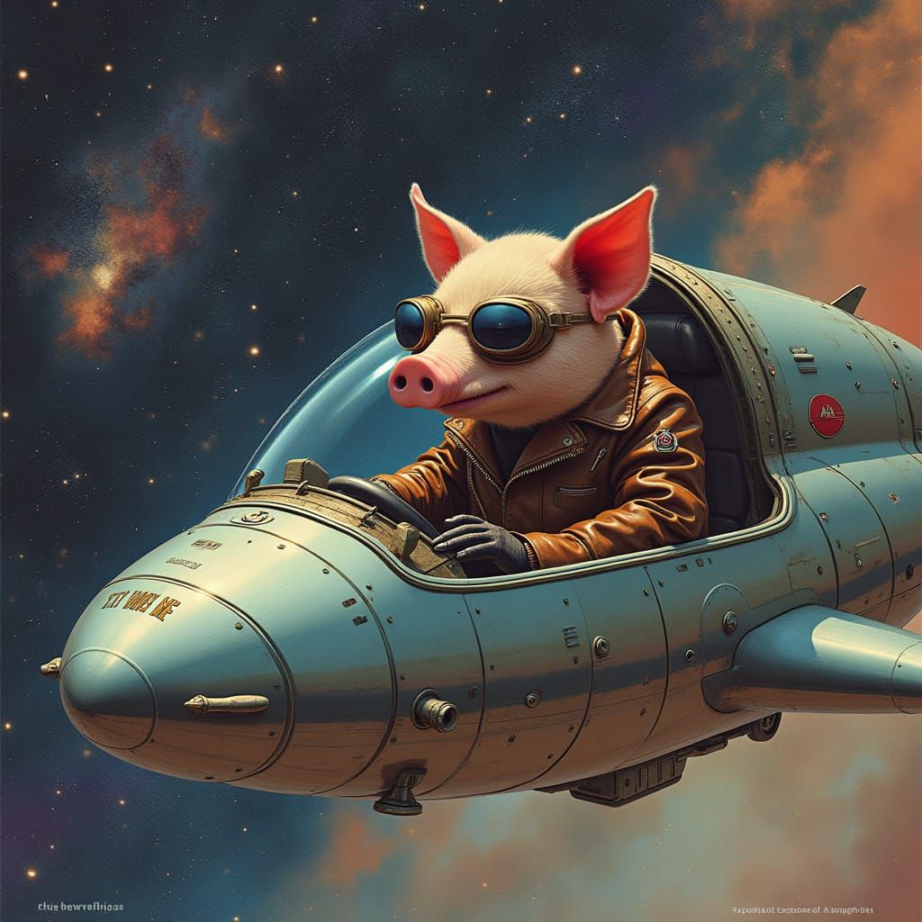 Futuristic Pig-Humanoid Helicopter Pilot in a Starry Univers...
