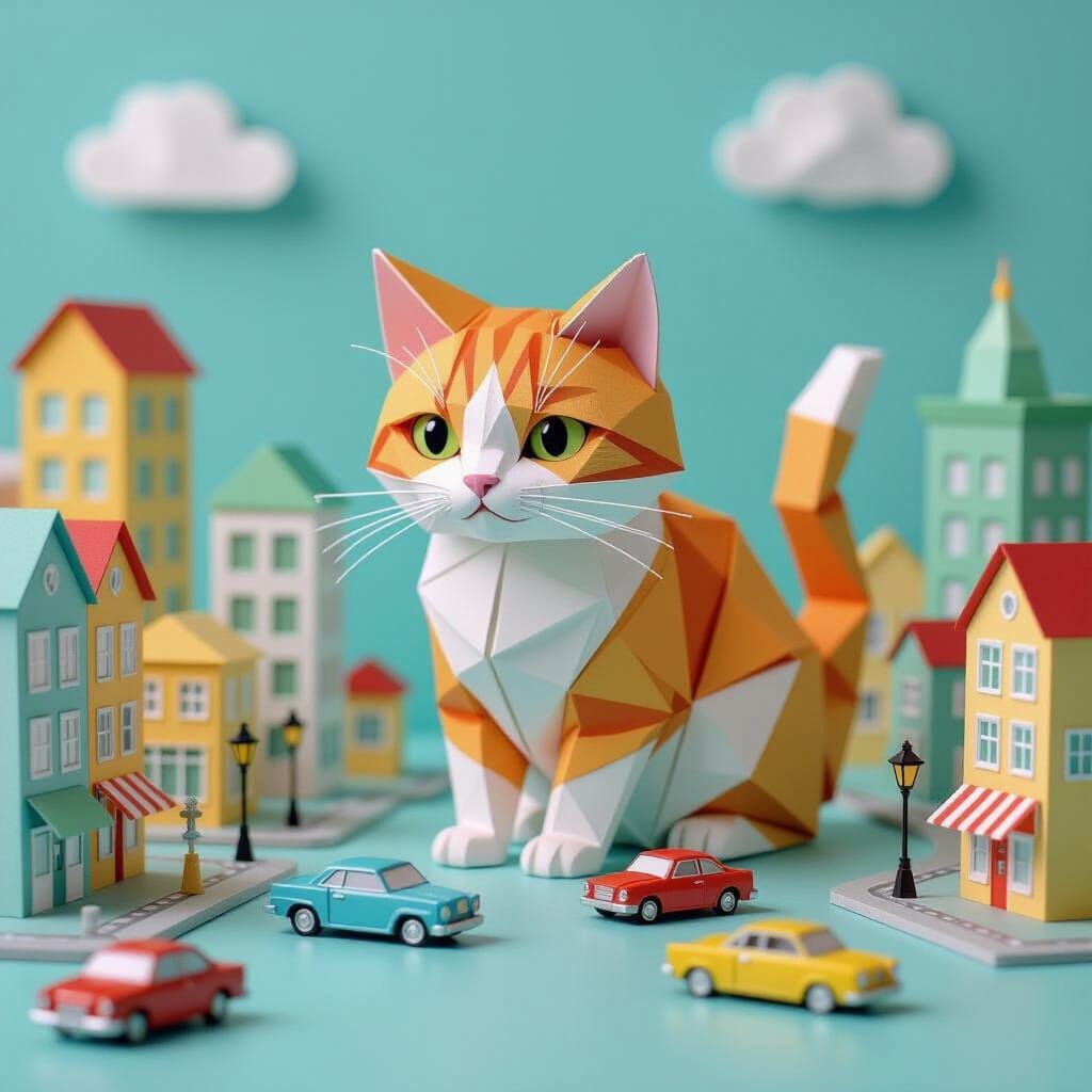 Origami Cat Navigates Miniature Paper City