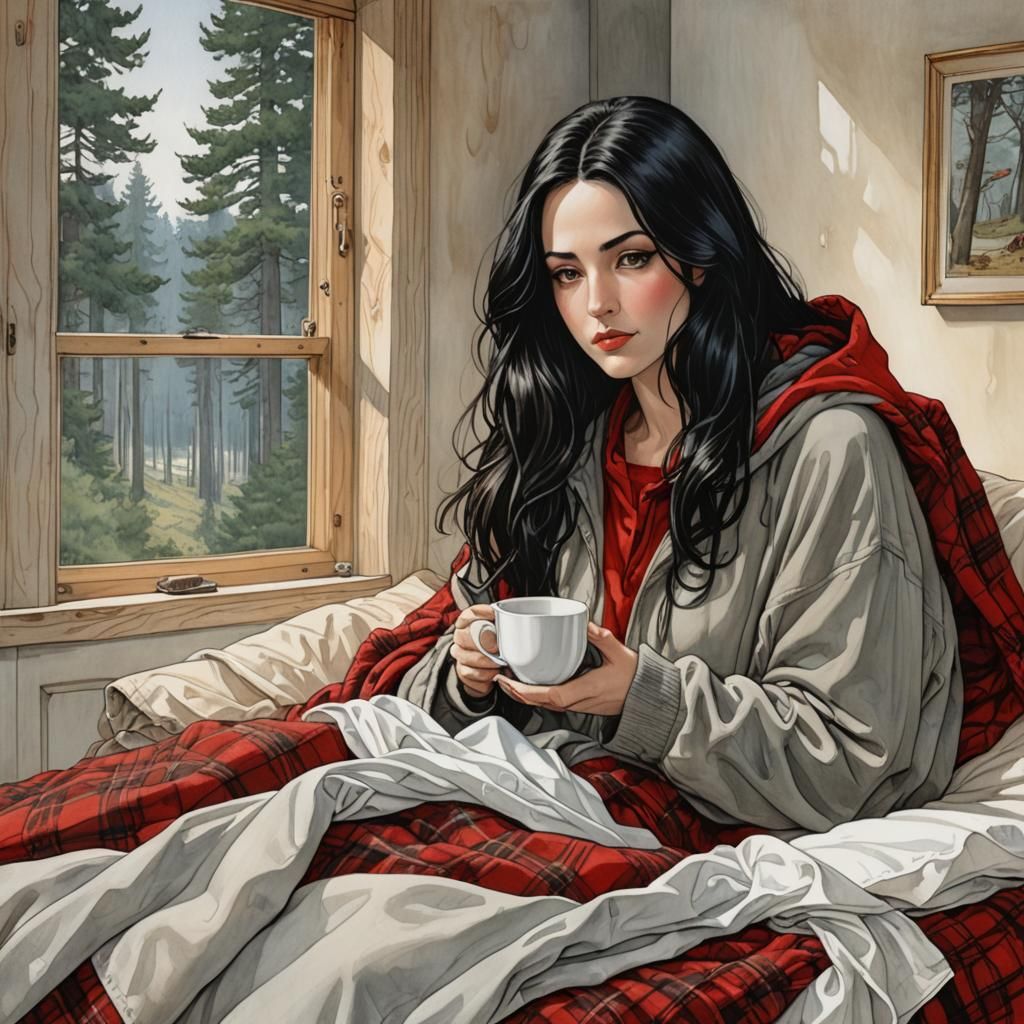 Tired Woman in Bed, Bande Dessinée Style Illustration