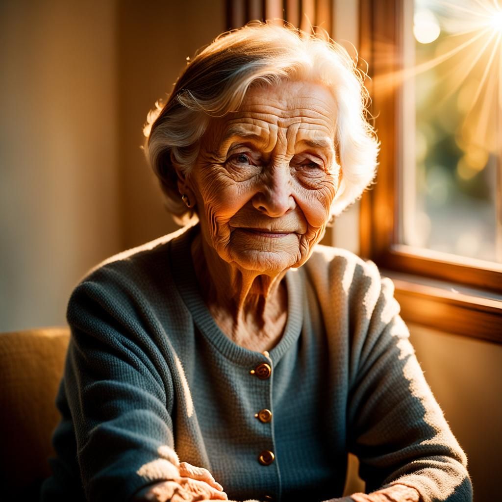 Gentle Elderly Woman Portrait in Warm Sunlight