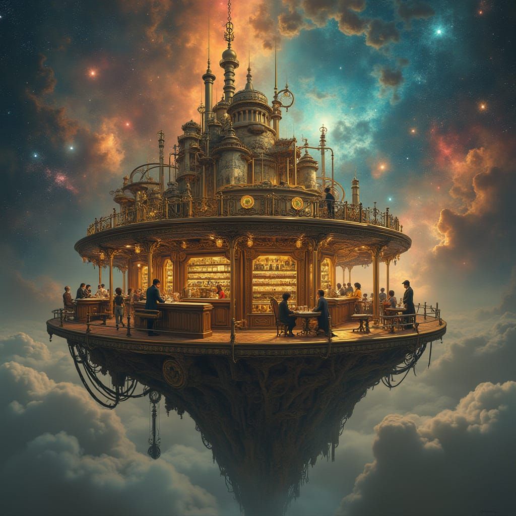 Steampunk Coffeehouse on Floating Island in Nebula