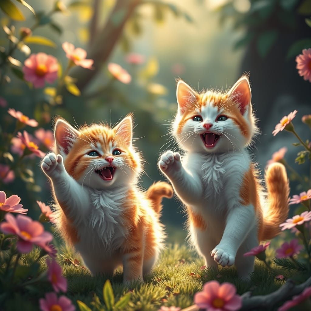Whimsical Feline Friends in a Fantastical Landscape