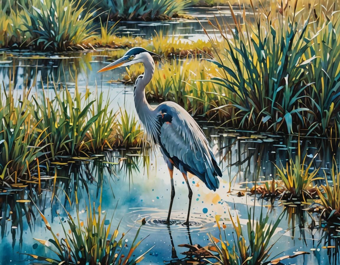 Great Blue Heron in Abstract Watercolor Splatter Art