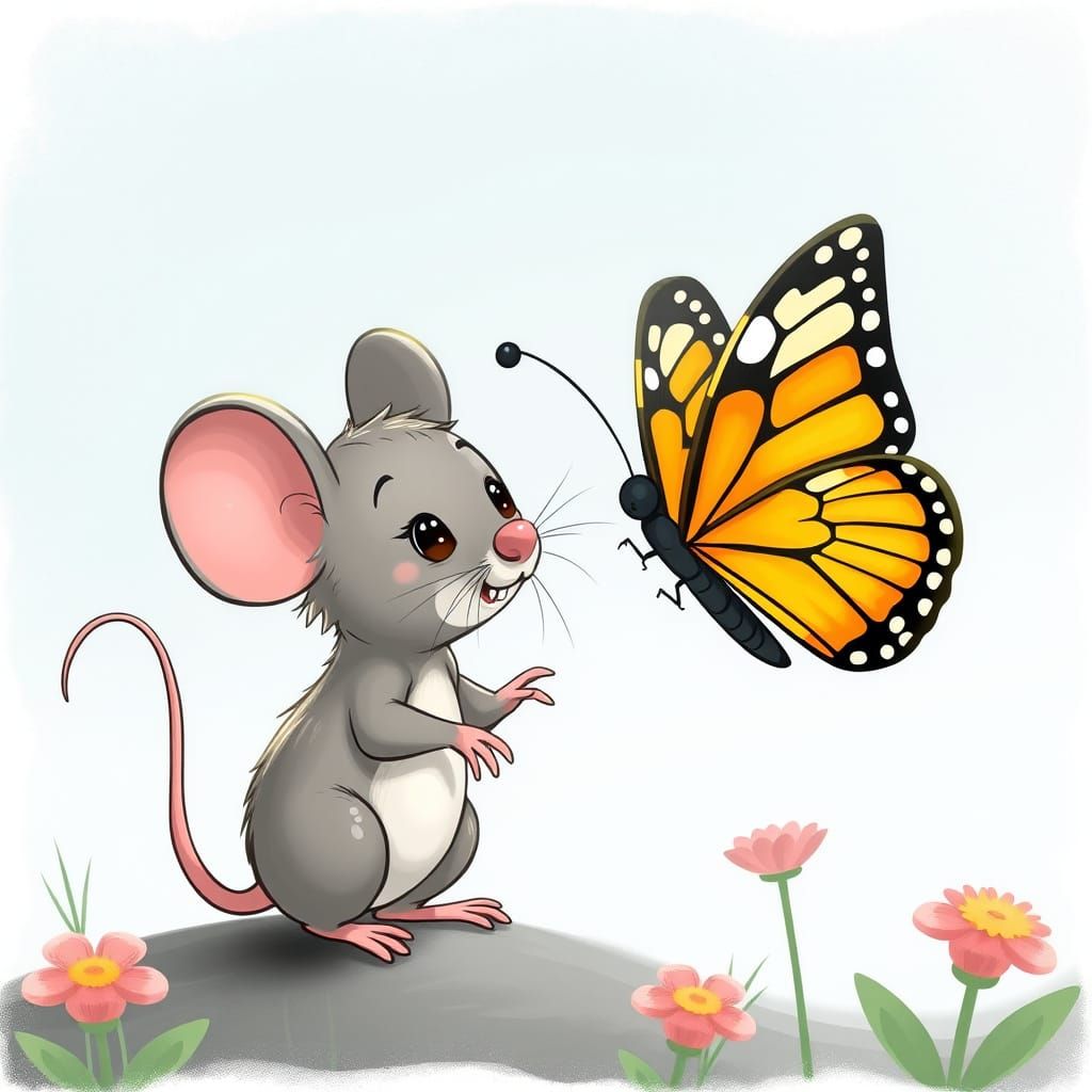 Cartoon Mouse's Gentle Butterfly Encounter