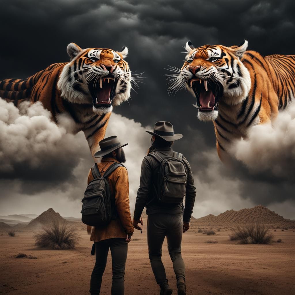 Tiger-Headed Humanoids Clash on Barren Wasteland