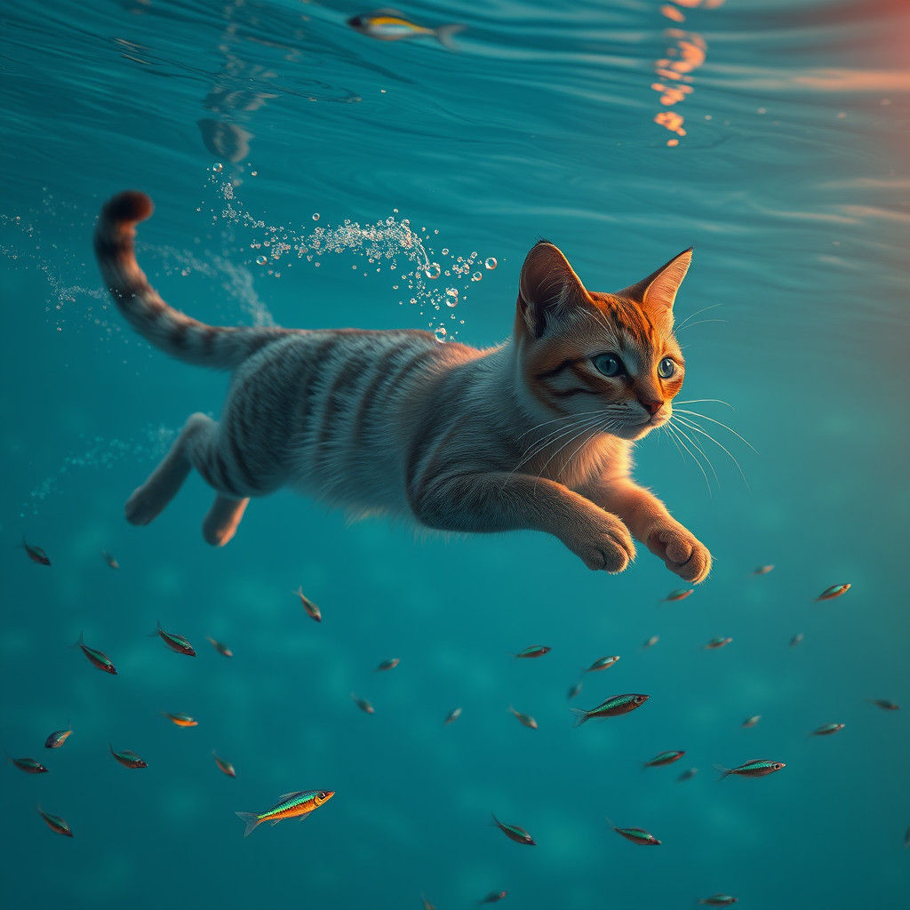 Underwater Cat in Dreamlike Fantasy Pool