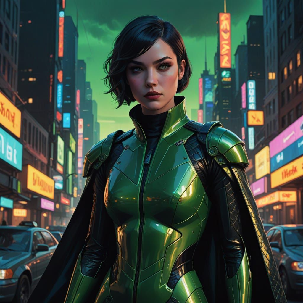 Cyberpunk Superheroine in Green Reptilian Catsuit