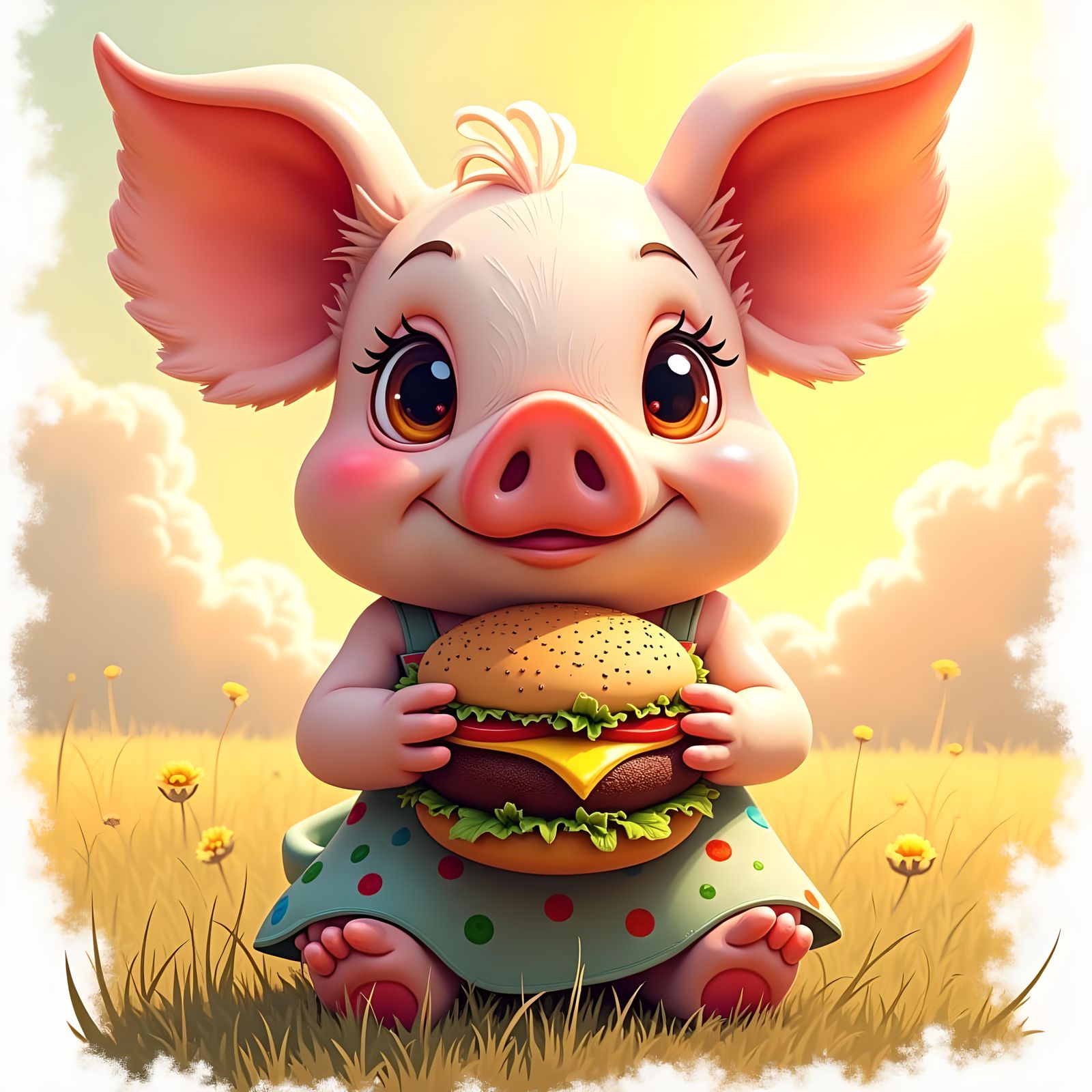 Adorable Pig with Hamburger, Digital Art Portrait