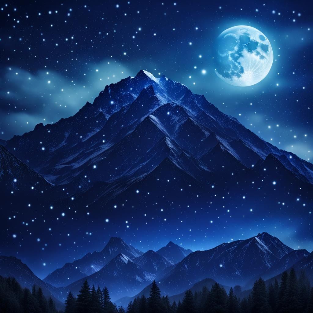 Blue Lighting Over Mountain at Night with Stars