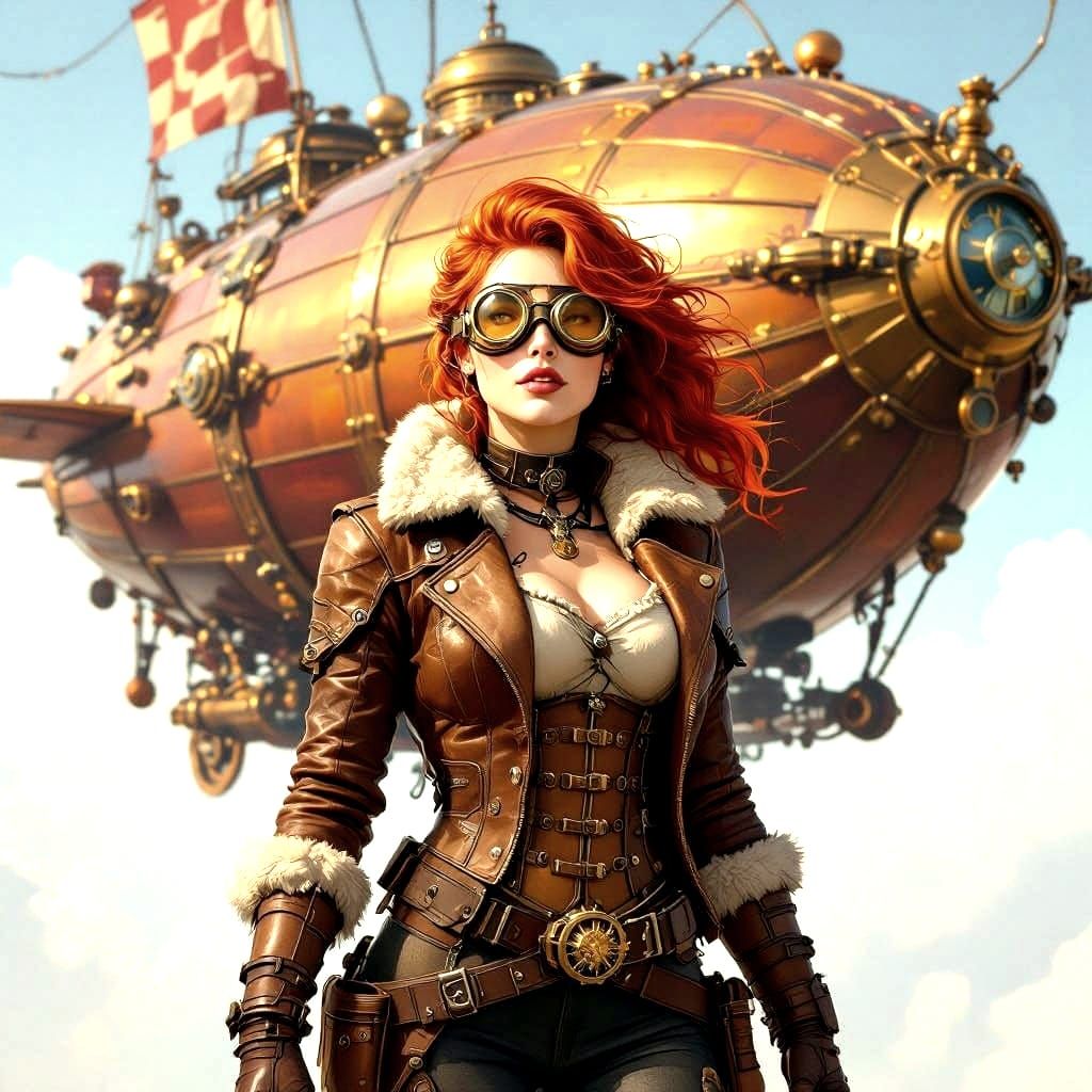 Red-Haired Adventurer on a Steampunk Airship