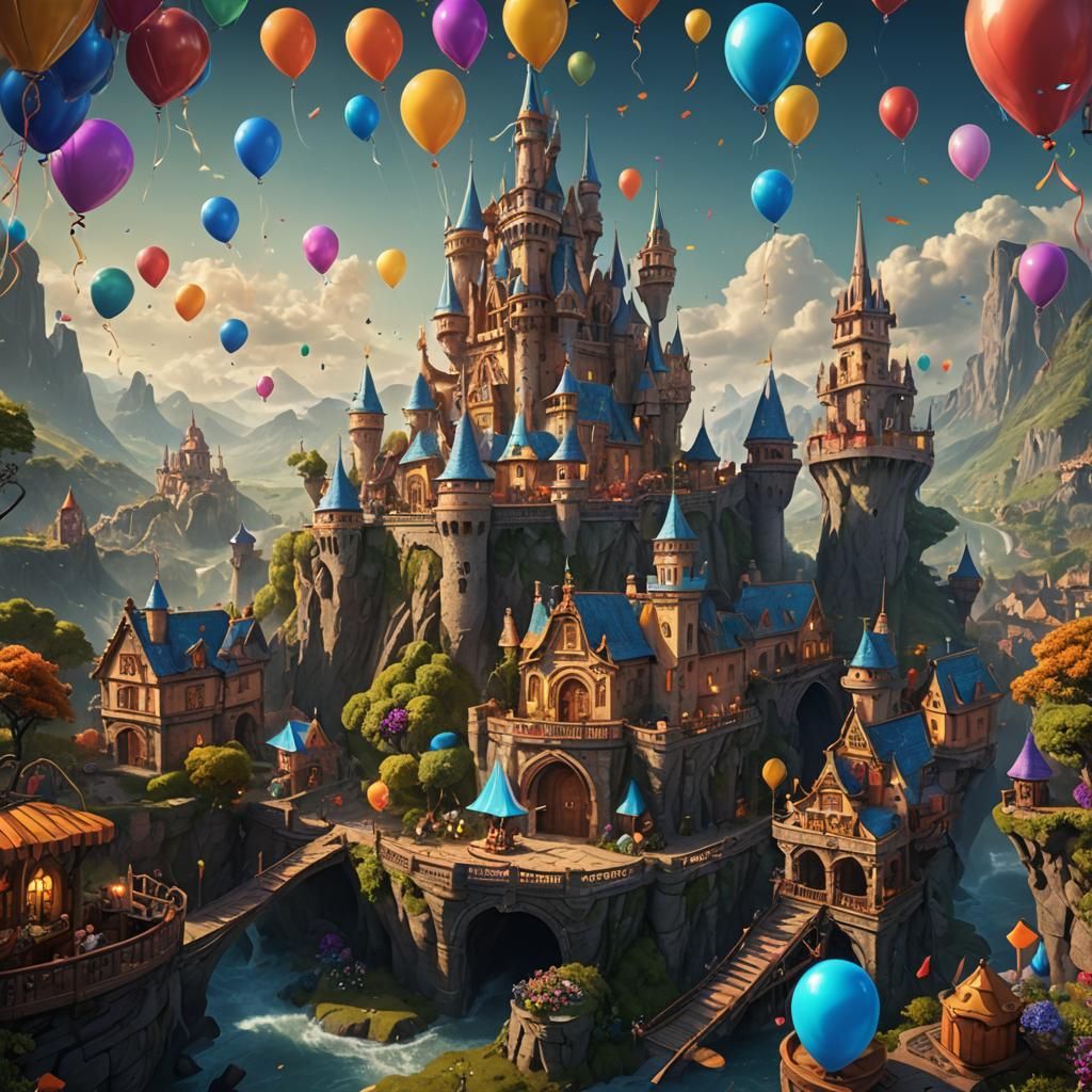 Whimsical Birthday Celebration in Vibrant Fantasy Landscapes