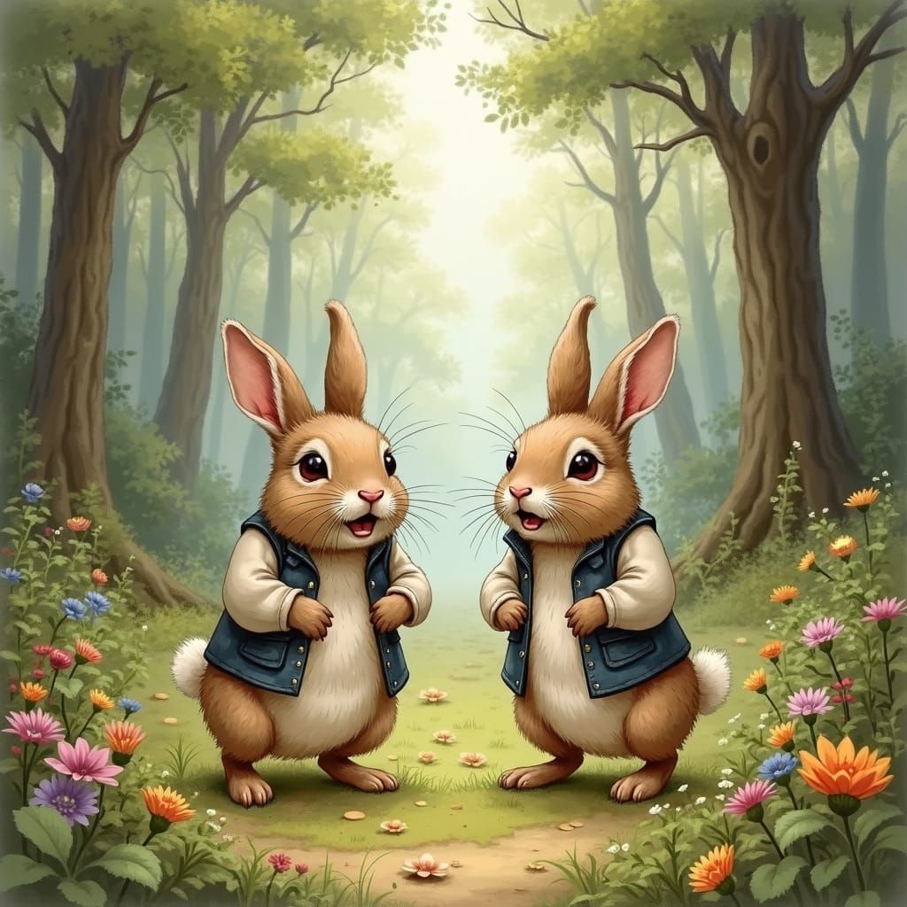 Rabbits Expressing Shock in Forest, Illustrated Style