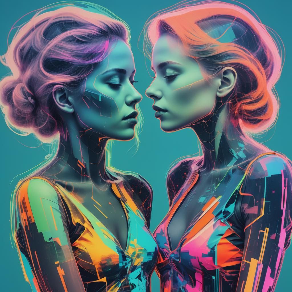 Glitch Art Triptych: Women in Neon Silhouettes