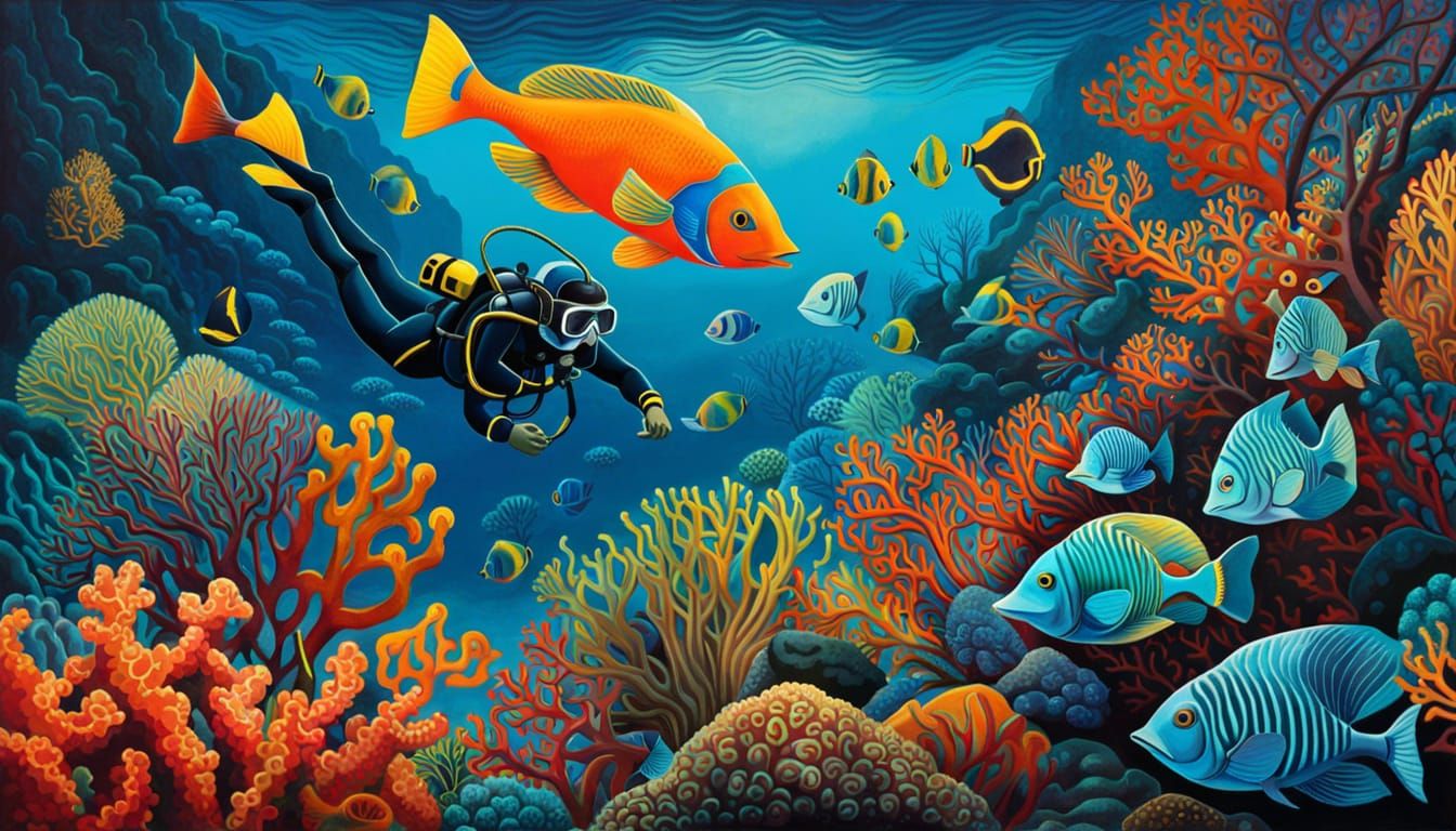 Scuba Diver Observes Coral: Cubist Underwater Painting