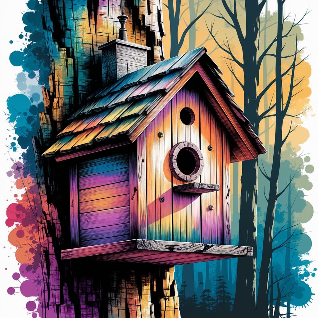 Weathered Birdhouse in Expressive Alcohol Ink Style