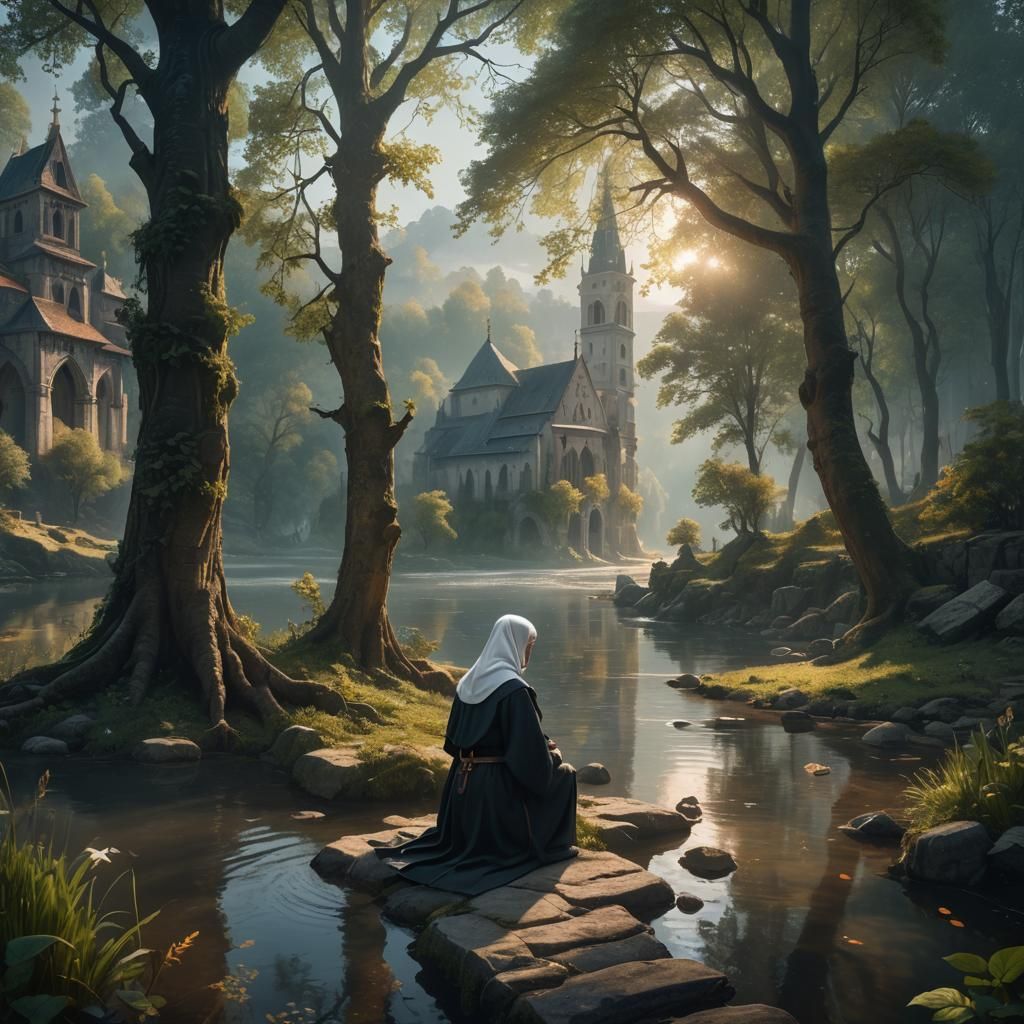 Mystical Forest Monastery Scene in Fantasy Art Style