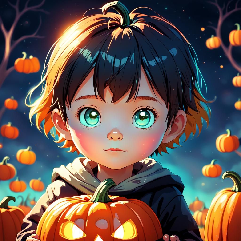 Pumpkin-Headed Child Portrait in Chibi Art Style