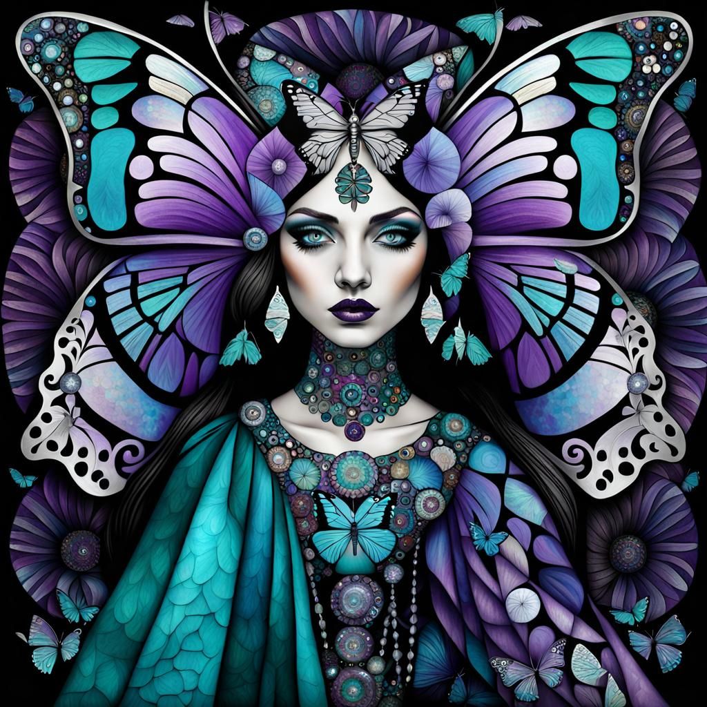 Kaleidoscopic Butterfly Girl in Art Nouveau Style