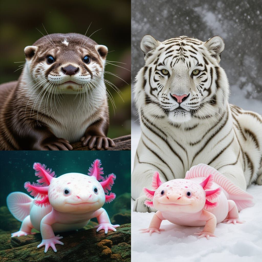 Cute Otter, Axolotl, White Tiger, and Penguin in Snow
