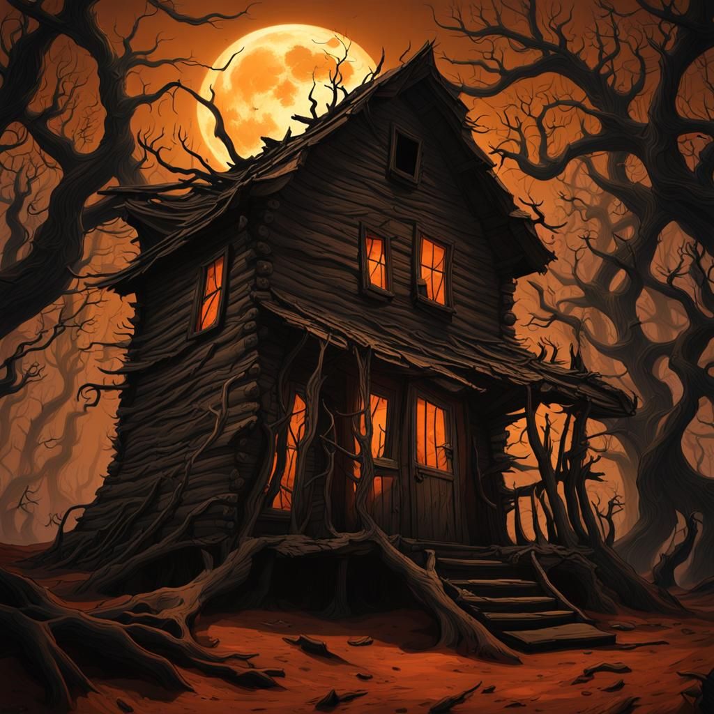 Ominous Wood Cabin on Mars in Dark Fantasy Style