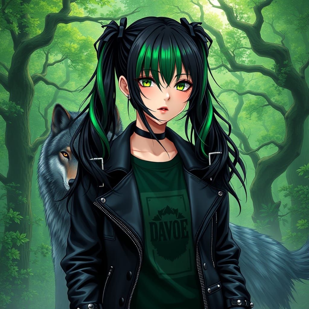 Anime Girl with Wolf in Mystical Forest