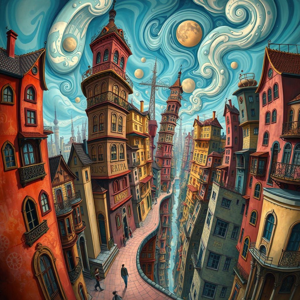 Twisted Cityscape in Vibrant Dreamlike Style