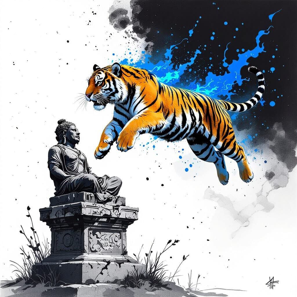 Tiger Leaping to Life in Blue Pencil Art