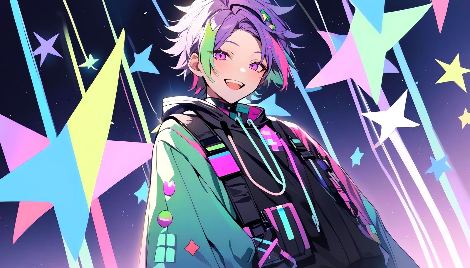 Happy Bishounen with Neon Techwear Outfit