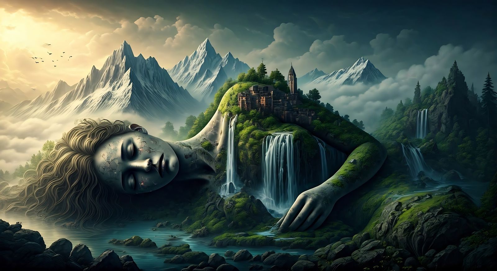 Surrealist Cityscape Erupts from Mysterious, Weathered Femal...