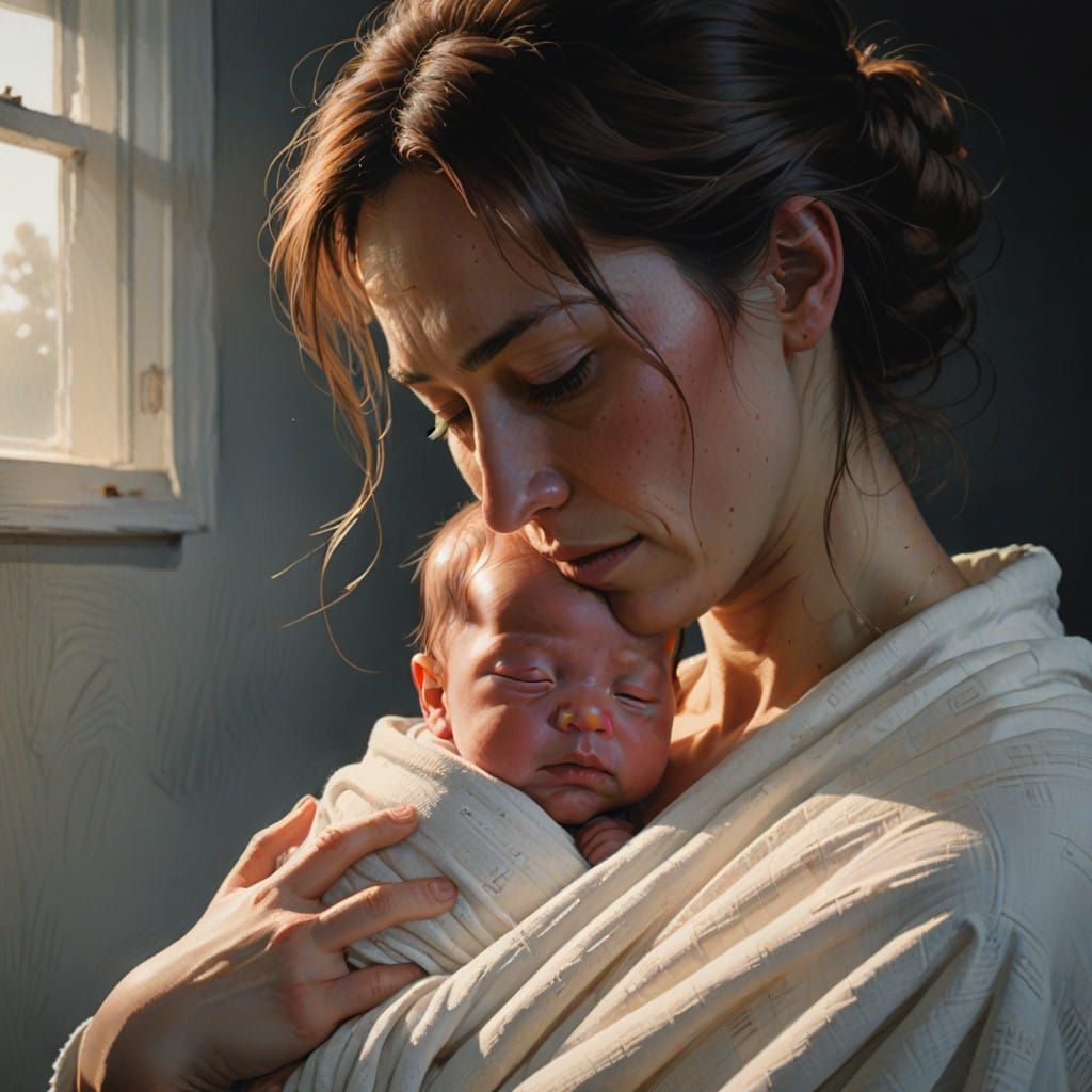 Mother's Gentle Love in Watercolor Hyperrealism