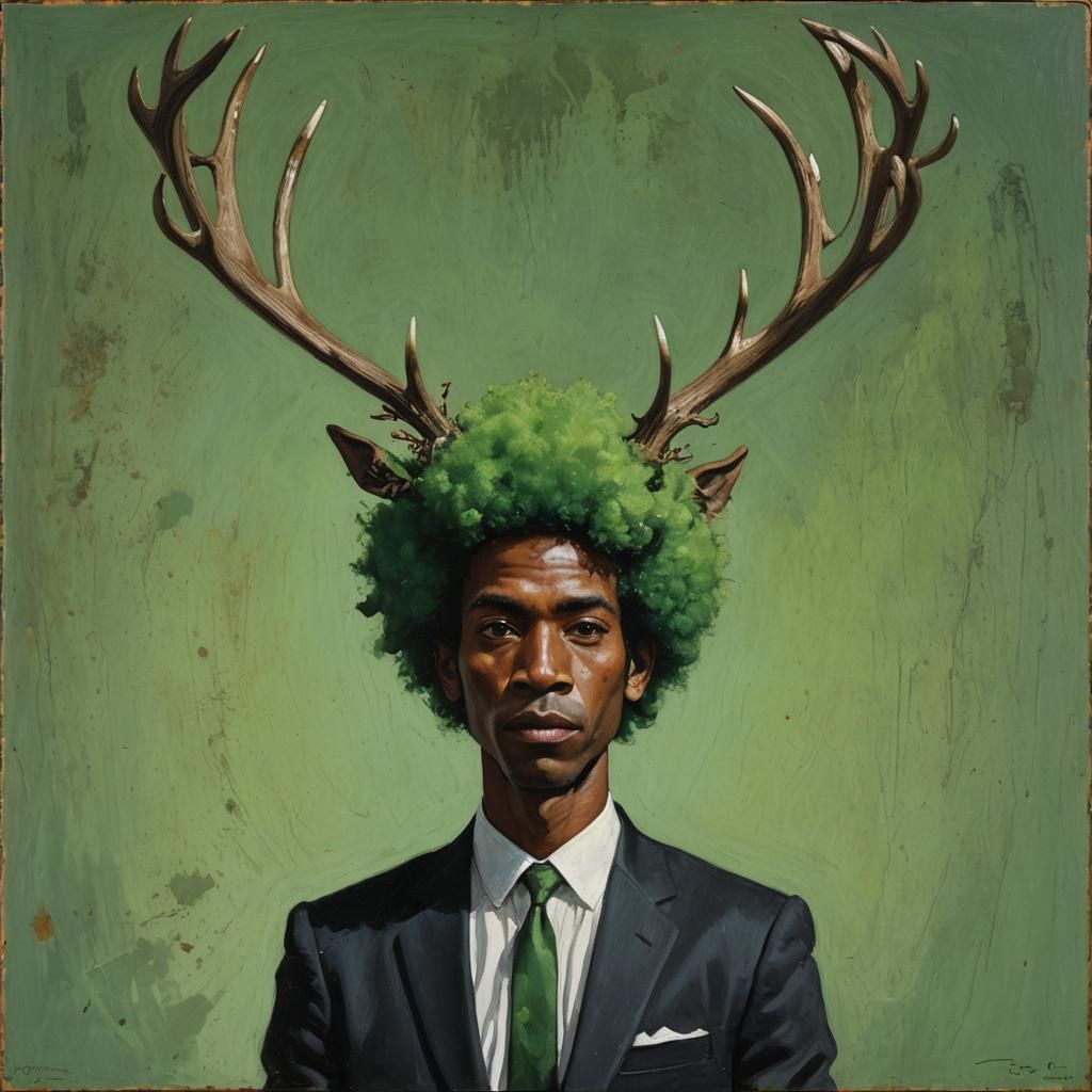 Black Man with Green Afro and Antlers, Oil Painting