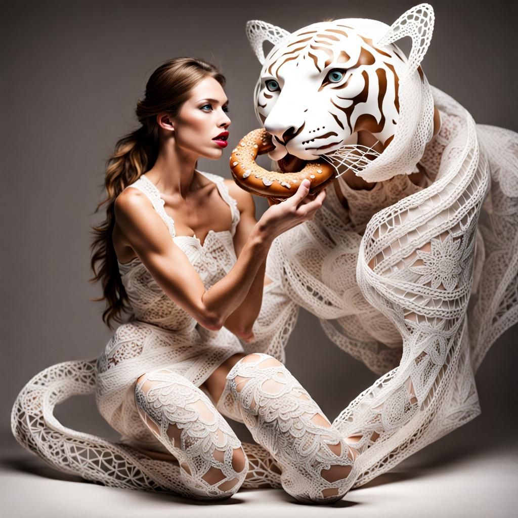 Beautiful woman made from lace, eating a pretzel on a giant tiger