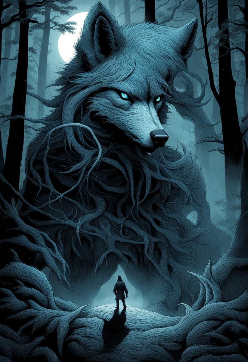 Eerie Wolf-Human Hybrid in Dark Fantasy Forest