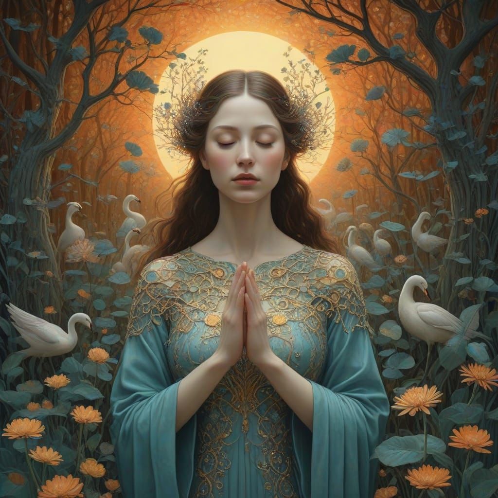 Mystical Woman Meditating in Surreal Light Labyrinth