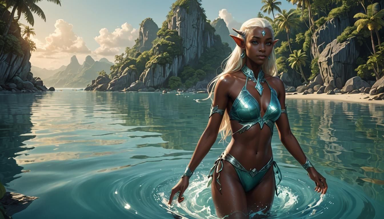 Elven Maiden Swimming in Tropical Bay at Dawn