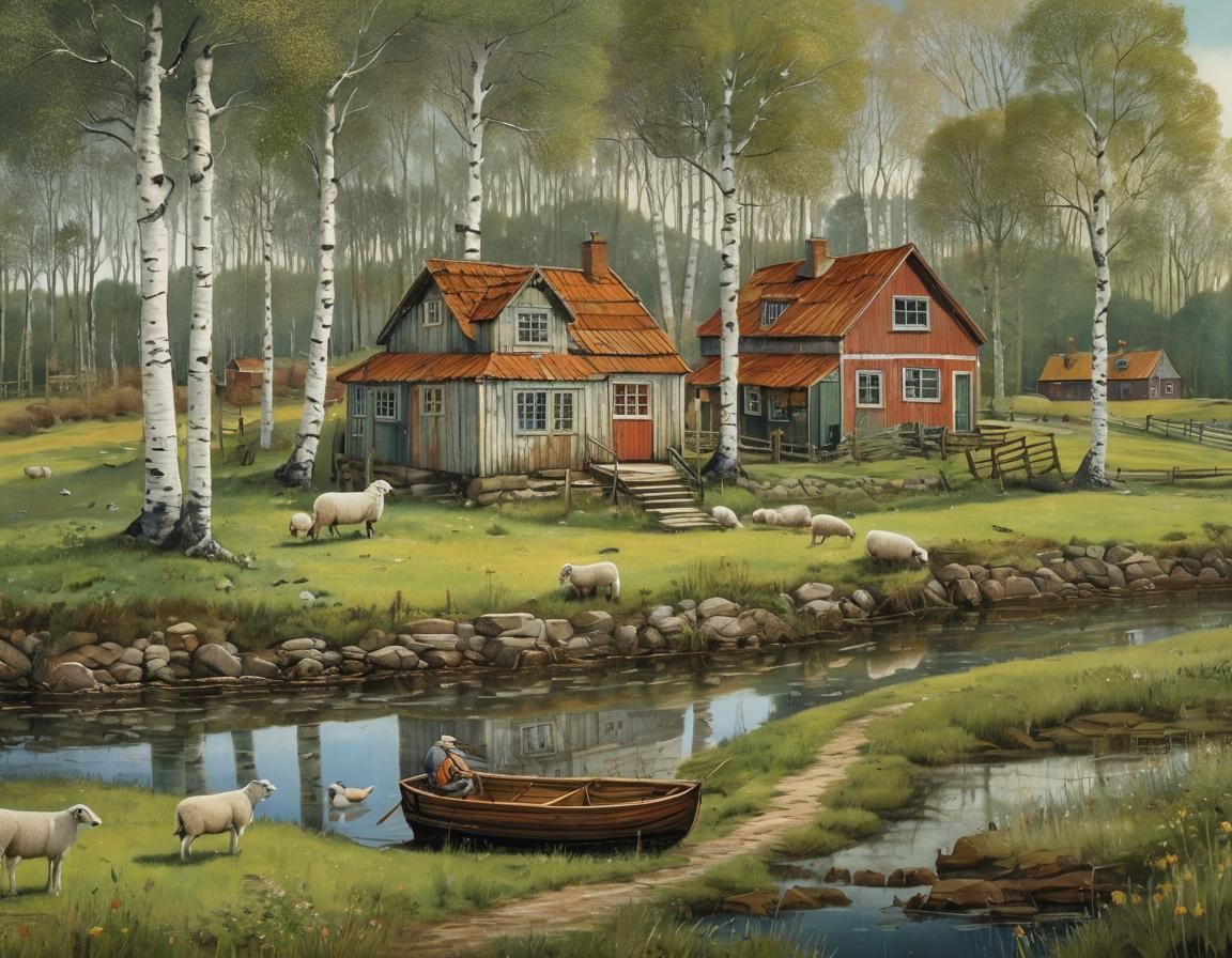 Idyllic Swedish Farm Scene in Spring Sunlight